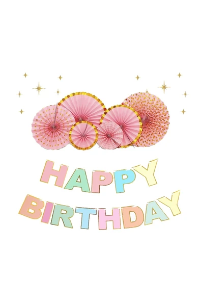 Big Party Rose Gold Varak Baskılı Yelpaze - Happy Birthday Varaklı Banner Set ürün görseli