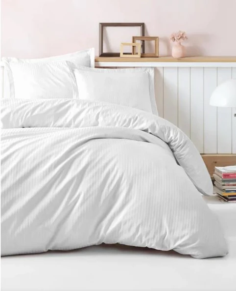 Elegant Stripe Çift Kişilik Beyaz Saten Nevresim Takımı - Resim 2
