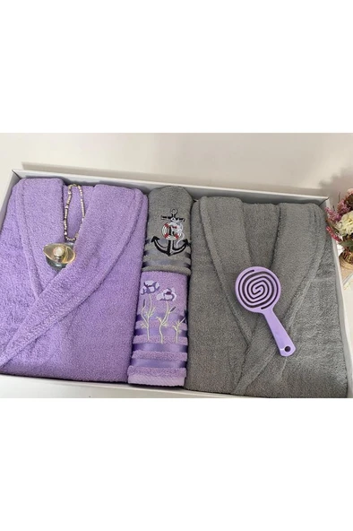Çeyizlik Aile Bornoz Seti 4 Parça Lila - Gri - Resim 4