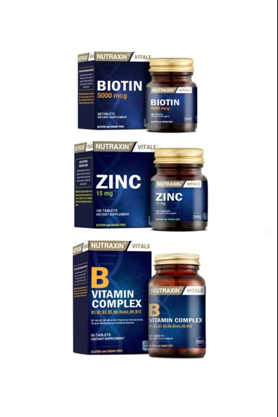 Nutraxin B Vitamin Complex 60 Tablet + Çinko 15 Mg 100 Tablet + Biotin 5000 Mcg 30 Tablet ürün görseli