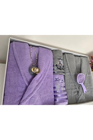Çeyizlik Aile Bornoz Seti 4 Parça Lila - Gri - Resim 5