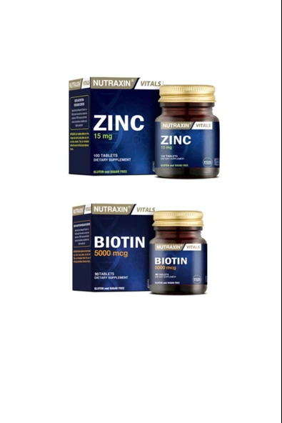 Nutraxin Cilt, Saç, Tırnak Sağlığı Için Çinko Takviyesi 15 Mg 100 Tablet + Biotin 5000 Mcg 30 Tablet ürün görseli