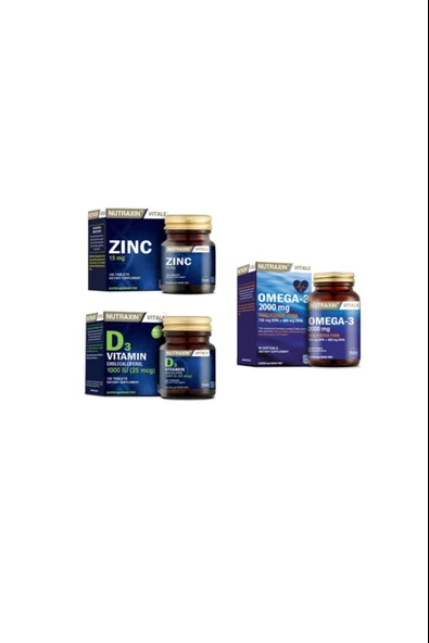 Nutraxin Omega 3 Balık Yağı 2000 Mg 60 Kapsül + D3 Vitamini 120 Tablet + Çinko (zinc) 100 Tablet ürün görseli