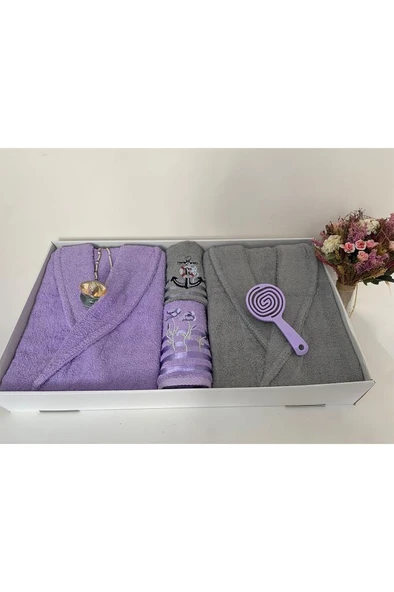 Çeyizlik Aile Bornoz Seti 4 Parça Lila - Gri ürün görseli 1