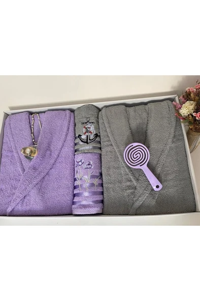 Çeyizlik Aile Bornoz Seti 4 Parça Lila - Gri - Resim 3