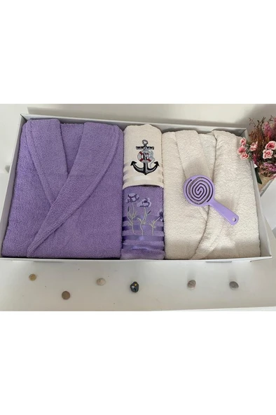Çeyizlik Aile Bornoz Seti 4 Parça Lila - Krem - Resim 2