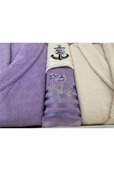 Çeyizlik Aile Bornoz Seti 4 Parça Lila - Krem - Resim 4