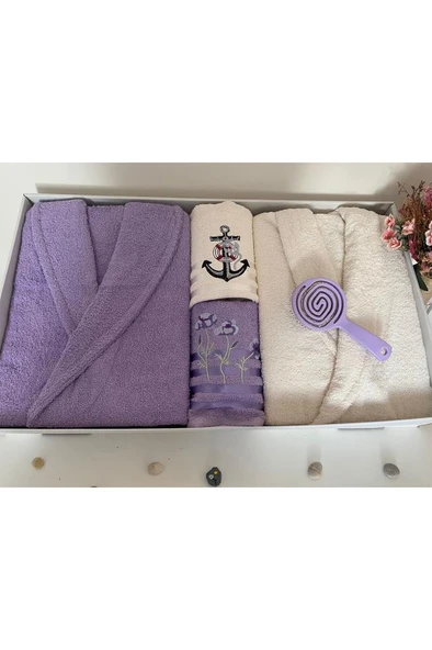 Çeyizlik Aile Bornoz Seti 4 Parça Lila - Krem ürün görseli 1