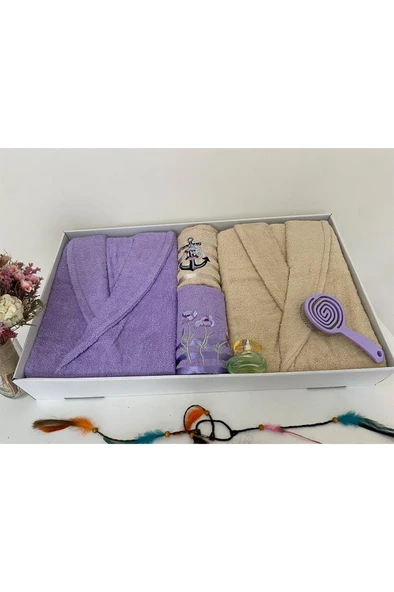 Çeyizlik Aile Bornoz Seti 4 Parça Lila - Bej - Resim 2