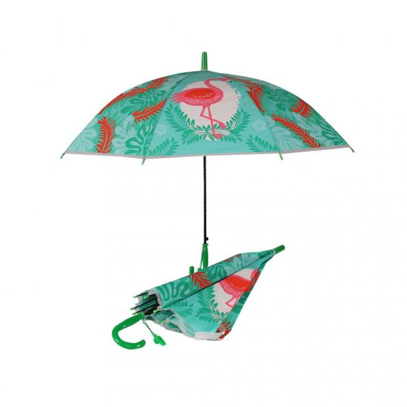 Düdüklü Çocuk Şemsiyesi Yeşil Flamingo Desenli