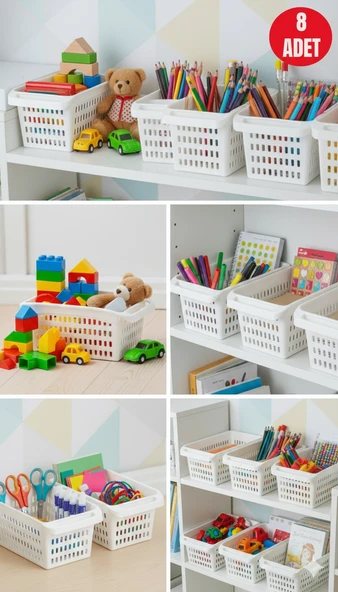 8 Adet Beyaz Plastik Çok Amaçlı Delikli Organizer Sepet – Mutfak Banyo Dolap İçi Düzenleyici 5 Litre - Resim 2