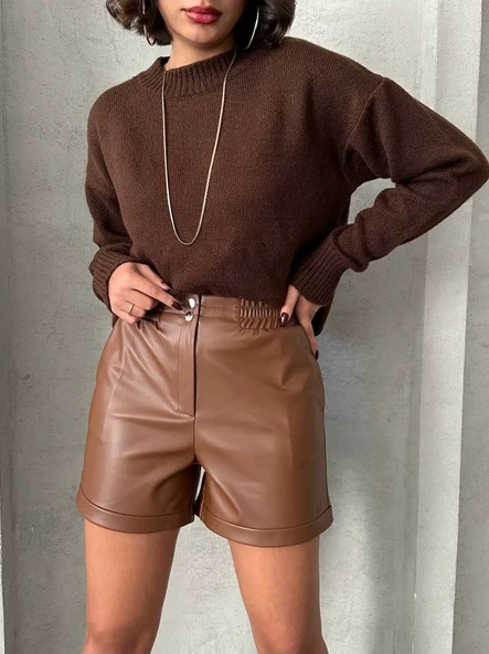 Beli lastikli çıtçıtlı deri şort kahve w241007 - Resim 5