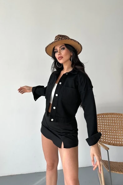 Çift cepli kol katlamalı süper taş enzim yıkamalı crop kot ceket siyah d2000 - Resim 4