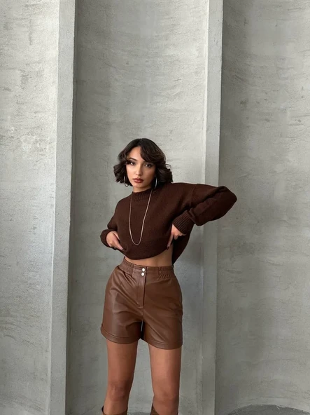 Beli lastikli çıtçıtlı deri şort kahve w241007 - Resim 3