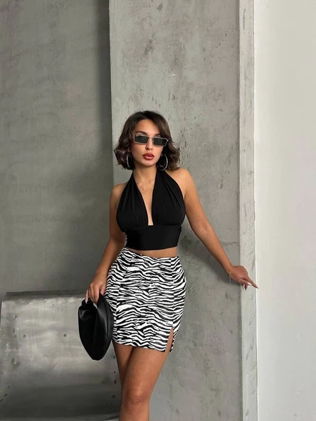 Tek yırtmaçlı zebra desenli deri etek beyazsiyah w24475-S - Resim 2