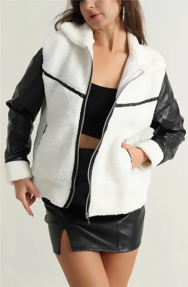 Deri garnili kuzu peluş mont beyaz t1220 ürün görseli 1