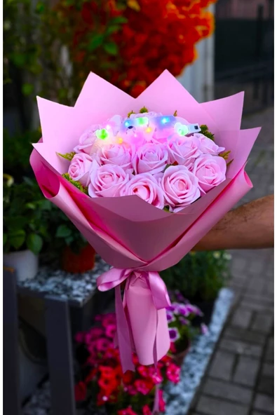 KibarGsmMarket 15'Lİ PEMBE KADİFE GÜL BUKETİ IŞIKLI LOVE YAZILI ÖZEL GÜN HEDİYESİ - Resim 5