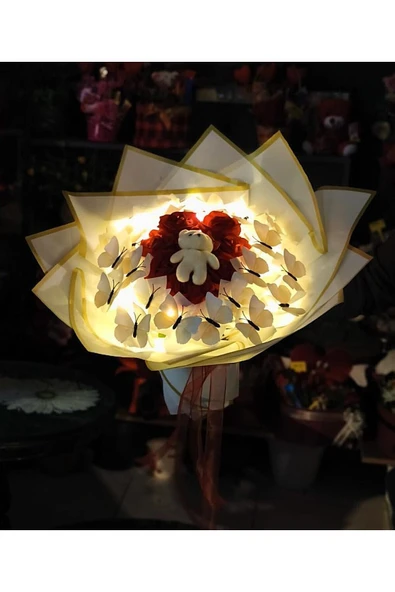 KELEBEK & GÜL & AYICIK BUKETİ IŞIKLI HARİKA TASARIM SEVDİKLERİNİZE ÖZEL GÜN HEDİYESİ - Resim 4