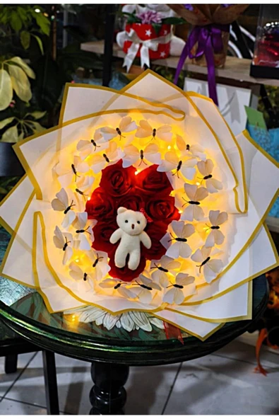 KELEBEK & GÜL & AYICIK BUKETİ IŞIKLI HARİKA TASARIM SEVDİKLERİNİZE ÖZEL GÜN HEDİYESİ - Resim 5