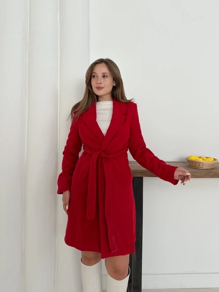 Cepli kuşaklı kaşe kaban kırmızı st26458 - Resim 2