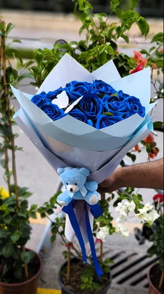 15'li KADİFE MAVİ GÜL BUKETİ KELEBEKLİ & AYICIKLI SEVDİKLERİNİZE ÖZEL GÜN HEDİYESİ - Resim 2