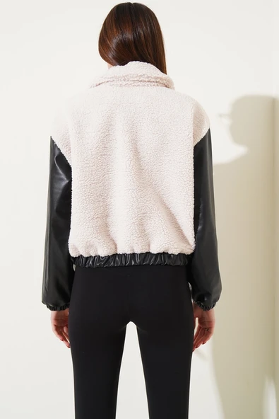 Deri garnili cepli peluş mont siyah t1253 - Resim 3