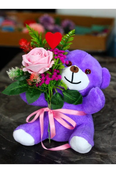 KUCAĞINDA PEMBE GÜL BUKETİ TUTAN 25cm SEVİMLİ PELUŞ AYICIK SEVDİKLERİNİZE HEDİYE - Resim 3