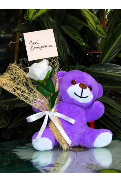 ELİNDE KADİFE GÜL & SENİ SEVİYORUM KARTI TUTAN 25cm PELUŞ AYI SEVDİKLERİNİZE ÖZEL GÜN HEDİYESİ - Resim 2