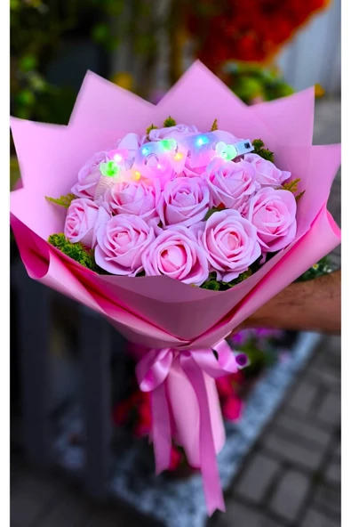 KibarGsmMarket 15'Lİ PEMBE KADİFE GÜL BUKETİ IŞIKLI LOVE YAZILI ÖZEL GÜN HEDİYESİ - Resim 3