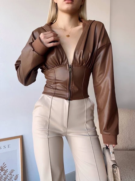 Kapşonlu yarım fermuarlı ceket kahve h24116 ürün görseli 1