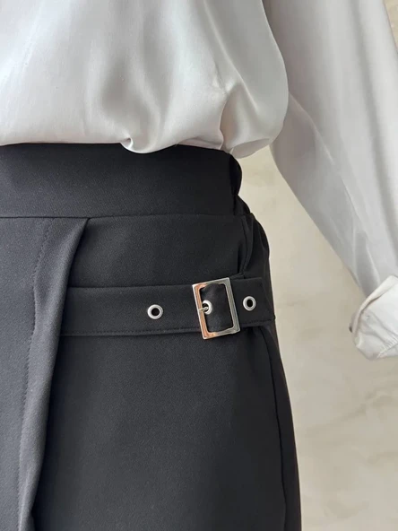 Kadın tokalı şort etek siyah s25449 - Resim 3