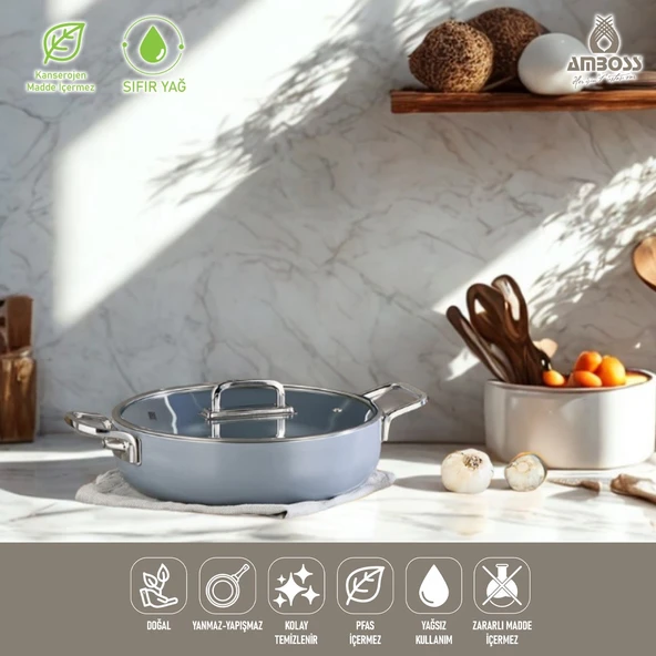 Amboss Sera Nova Seramik Yanmaz Yapışmaz Basık Tencere 24 cm Gri - Resim 2