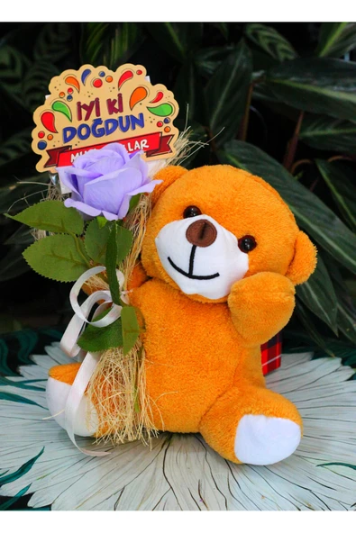 ELİNDE KADİFE GÜL & İYİ Kİ DOĞDUN KARTI TUTAN 25cm PELUŞ AYI SEVDİKLERİNİZE ÖZEL GÜN HEDİYESİ - Resim 3