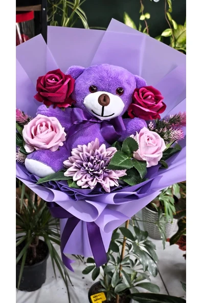 AYICIK BUKETİ 25cm SEVİMLİ PELUŞ AYI & GÜLLER & YILDIZ ÇİÇEĞİ İLE HAZIRLANMIŞ SEVDİKLERİNİZE HEDİYE - Resim 3