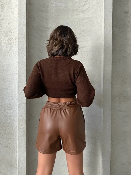 Beli lastikli çıtçıtlı deri şort kahve w241007 - Resim 4