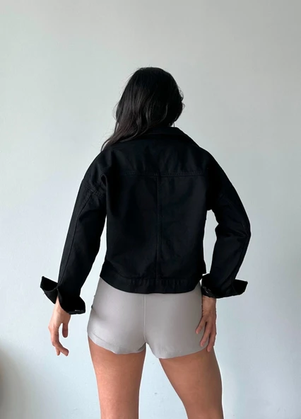 Çift cepli kol katlamalı süper taş enzim yıkamalı crop kot ceket siyah d2000 - Resim 5