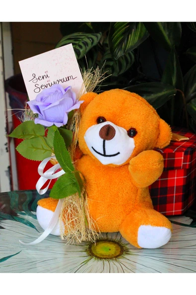 ELİNDE KADİFE GÜL & SENİ SEVİYORUM KARTI TUTAN 25cm PELUŞ AYI SEVDİKLERİNİZE ÖZEL GÜN HEDİYESİ - Resim 4