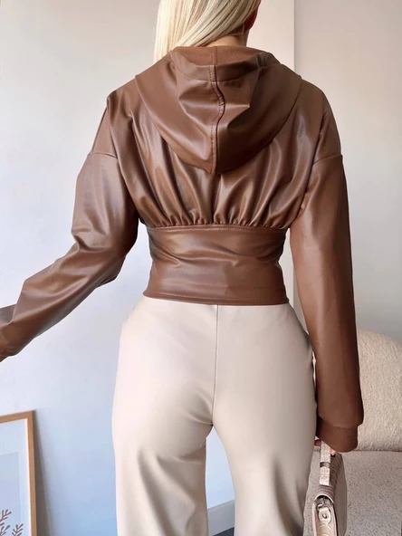 Kapşonlu yarım fermuarlı ceket kahve h24116 - Resim 2