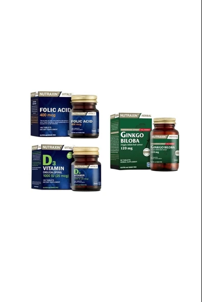 Nutraxin Ginkgo Biloba 60 Kapsül + D3 Vitamini 120 Tablet + Folic Acid 400 Mcg 100 Tablet ürün görseli