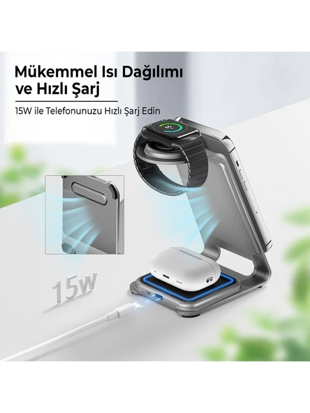 Bix BXMW3 15W 3in1 Ultra İnce Manyetik Kablosuz Şarj Aleti - 3 ü 1 Arada iPhone Apple Watch AirPods Uyumlu - Resim 3