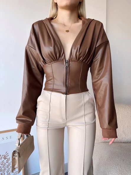 Kapşonlu yarım fermuarlı ceket kahve h24116 - Resim 3