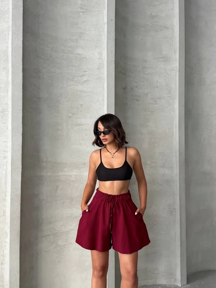 Volanlı keten şort bordo s255058 - Resim 3