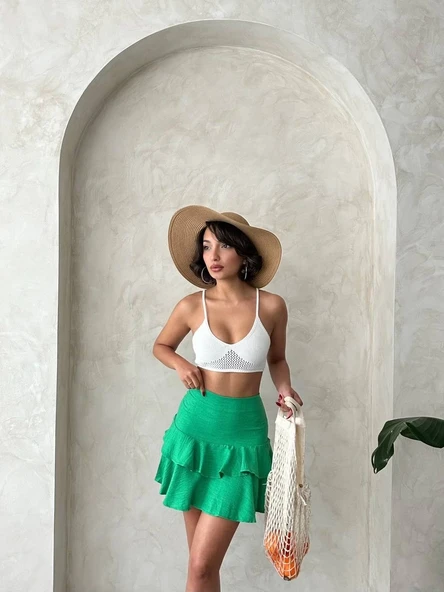 Valonlu fırfırlı etek yeşil s24681 - Resim 4