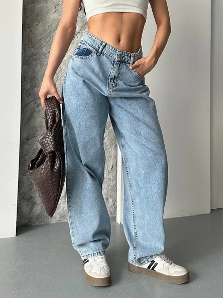 Baggy kar yıkama orta mavi jeans pantolon d2007 ürün görseli 1