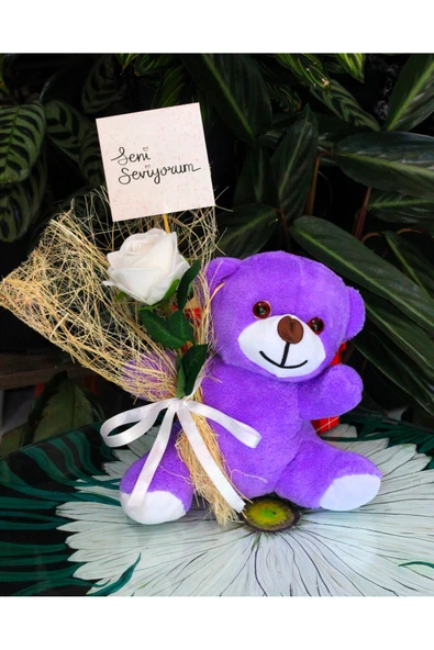 ELİNDE KADİFE GÜL & SENİ SEVİYORUM KARTI TUTAN 25cm PELUŞ AYI SEVDİKLERİNİZE ÖZEL GÜN HEDİYESİ ürün görseli