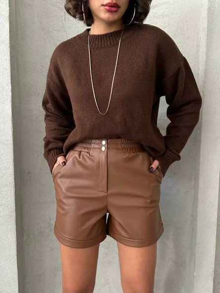 Beli lastikli çıtçıtlı deri şort kahve w241007 ürün görseli 1