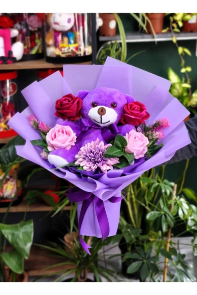 AYICIK BUKETİ 25cm SEVİMLİ PELUŞ AYI & GÜLLER & YILDIZ ÇİÇEĞİ İLE HAZIRLANMIŞ SEVDİKLERİNİZE HEDİYE - Resim 2