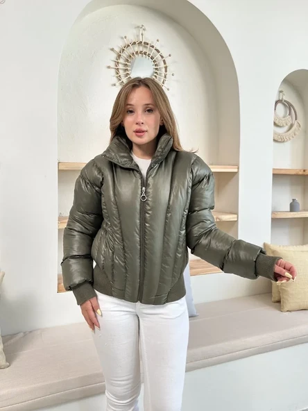Puffer kısa mont haki st25534 ürün görseli 1