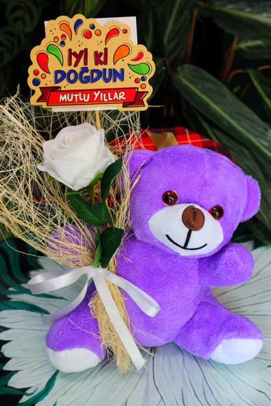 ELİNDE KADİFE GÜL & İYİ Kİ DOĞDUN KARTI TUTAN 25cm PELUŞ AYI SEVDİKLERİNİZE ÖZEL GÜN HEDİYESİ - Resim 4