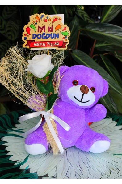 ELİNDE KADİFE GÜL & İYİ Kİ DOĞDUN KARTI TUTAN 25cm PELUŞ AYI SEVDİKLERİNİZE ÖZEL GÜN HEDİYESİ ürün görseli